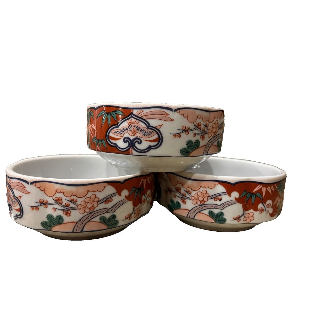 Set of 3 Vintage Japanese Style Porcelain Bowls Koi Fish Cherry Blossom Design‎